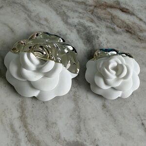 2 Chanel Camellia Brooches in White and Gold